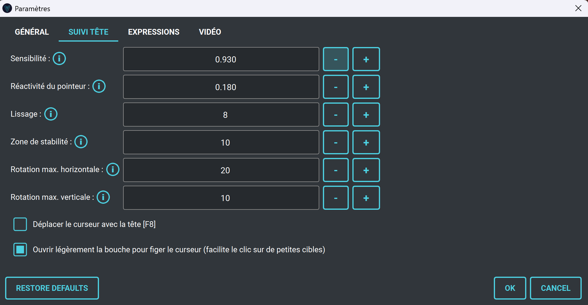 Interface HeadControl : paramètres du suivi de tête